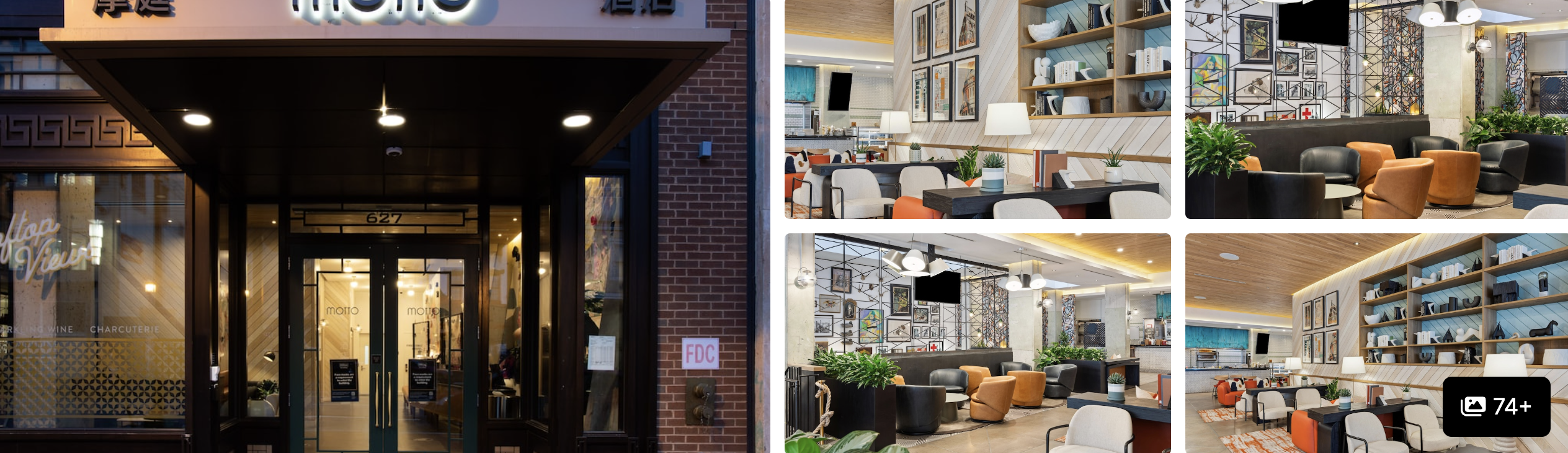 Photos of Motto by Hilton Washington DC City Center: lit entrance and gallery-style lobby lounges