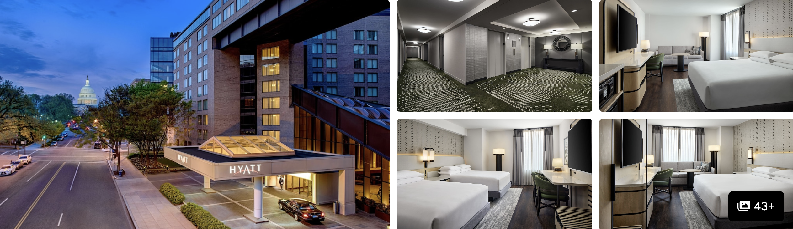 Photos of Hyatt Regency Washington on Capitol Hill: exterior at dusk with US Capitol view, hallway and twin guest rooms