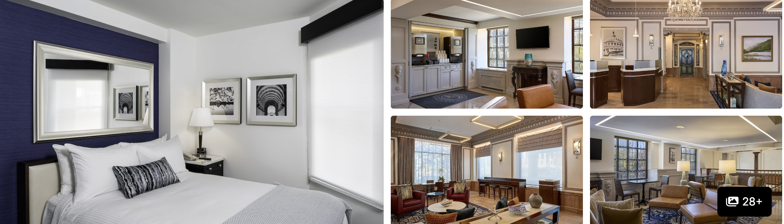 Photos of Phoenix Park Hotel, Washington DC: navy-accented bedroom, lounge with TV, paneled bar and club seating areas