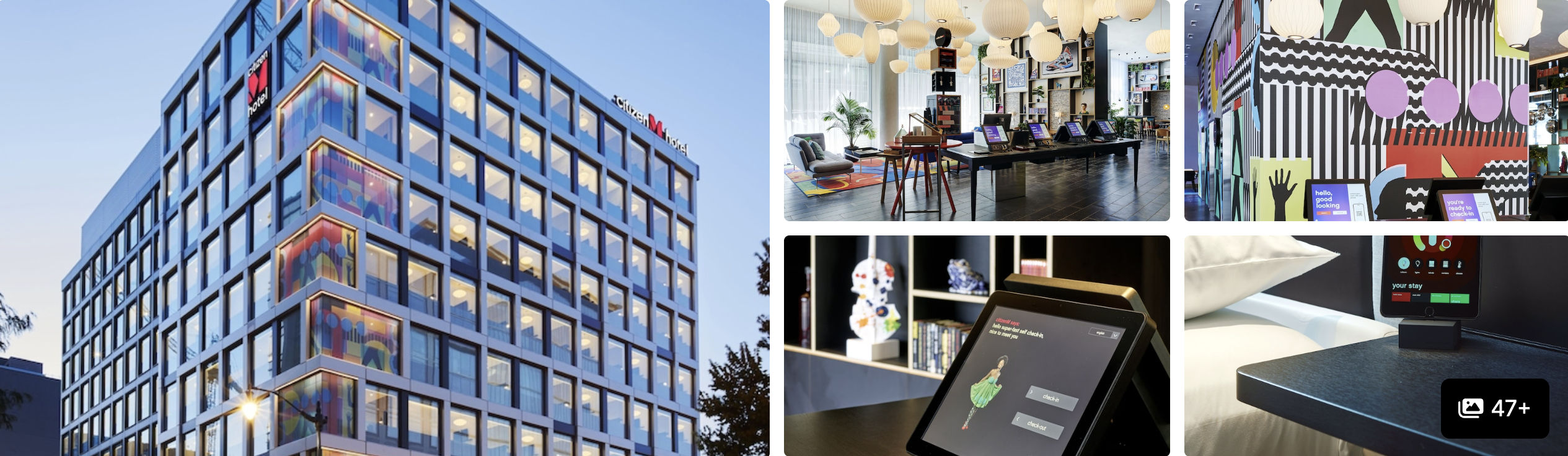 Photos of citizenM Washington DC NoMa: glass facade, modern lobby, patterned lounge and self check-in kiosk