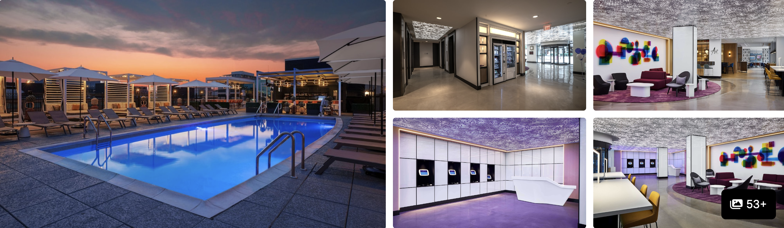 Photos of YOTEL Washington DC Capitol Hill: rooftop pool at dusk, hallway, colourful lobby lounge and event space