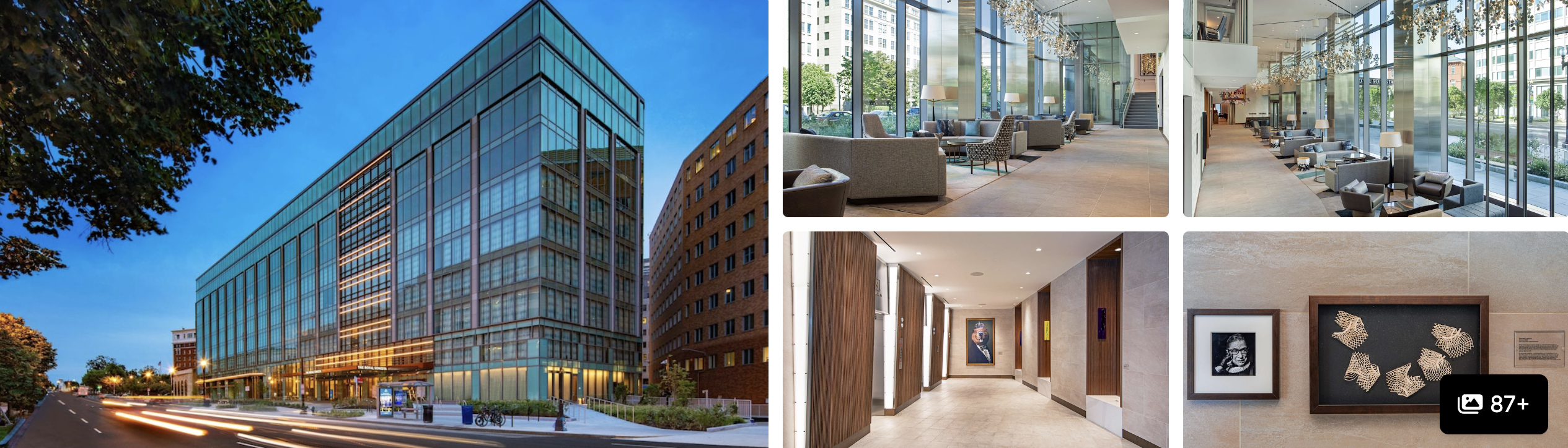 Photos of Royal Sonesta Washington DC Capitol Hill: glass exterior, sunlit lobby lounges, corridor and framed artwork