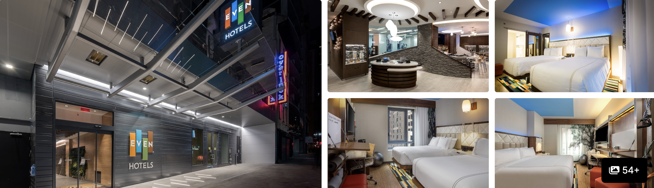 Photos of EVEN Hotel New York Midtown East by IHG: lit entrance, modern lobby and guest rooms