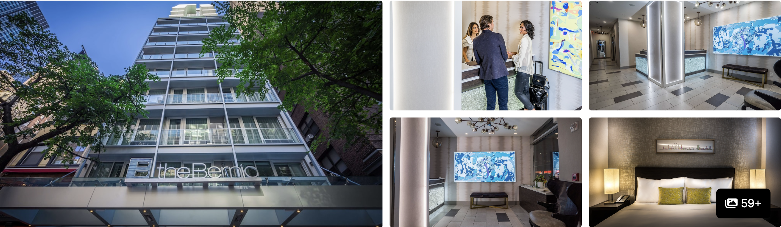 Photos of The Bernic Hotel NYC, Tapestry Collection by Hilton: glass tower exterior, guests at entrance, lobby and guest room