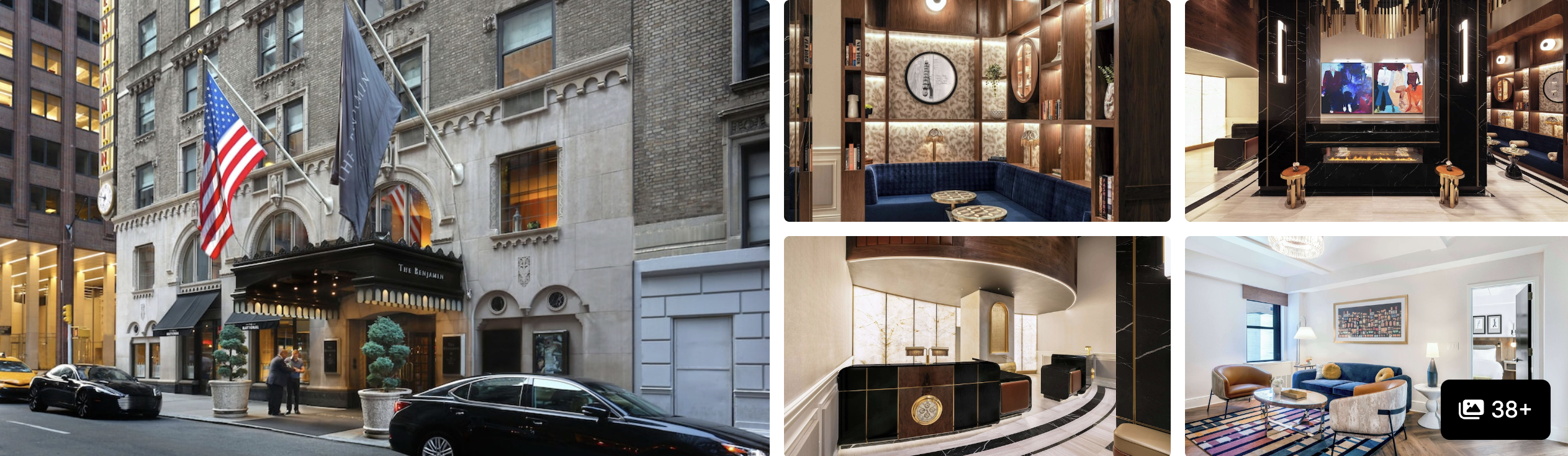 Photos of The Benjamin Royal Sonesta New York: ornate stone facade with flags, lobby, reception and suite living room