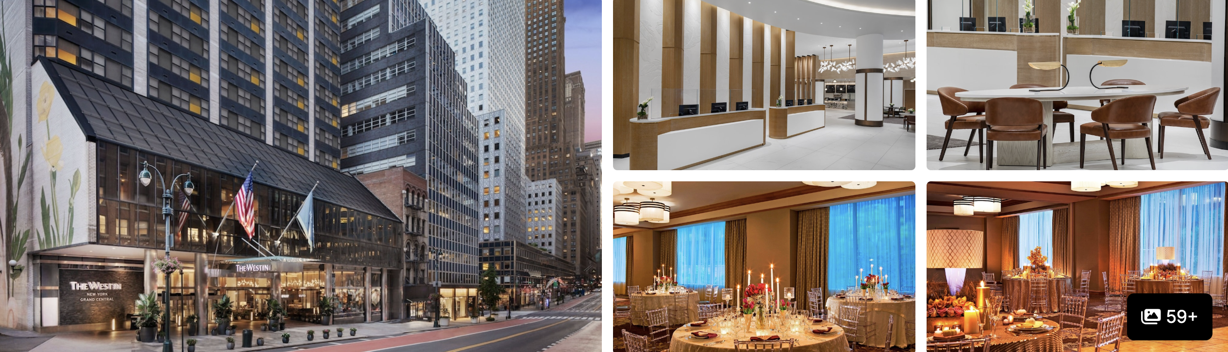 Photos of The Westin New York Grand Central: street-corner exterior, lobby, dining nook and ballroom set for events