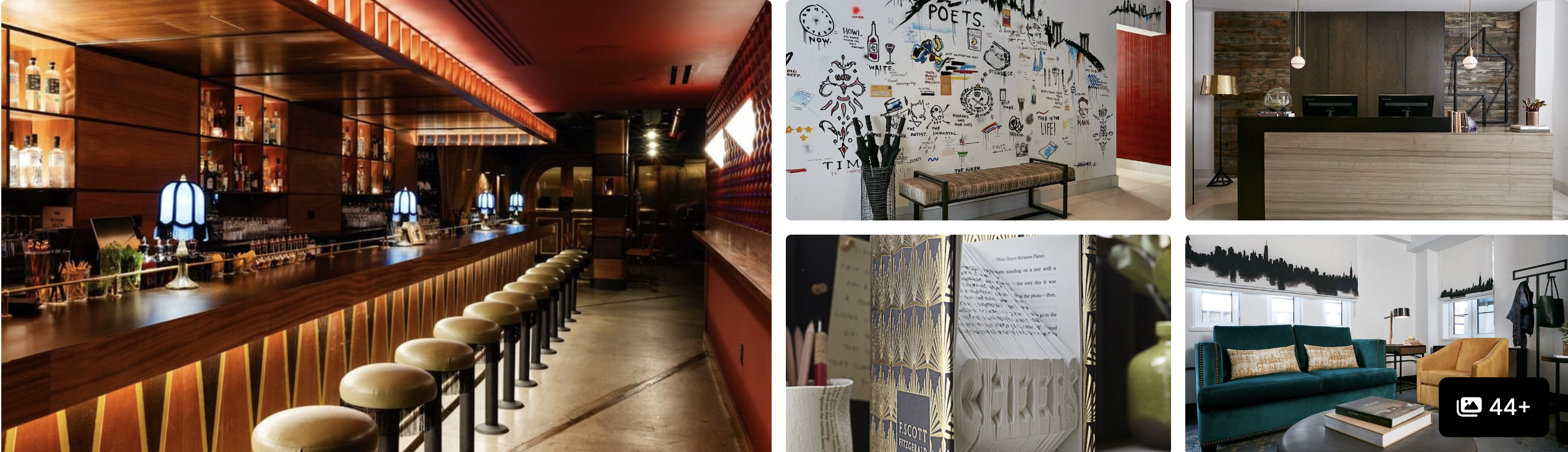 Photos of The Renwick Hotel NYC: long wood-lined bar, poetry-themed mural wall and lounge with green sofa