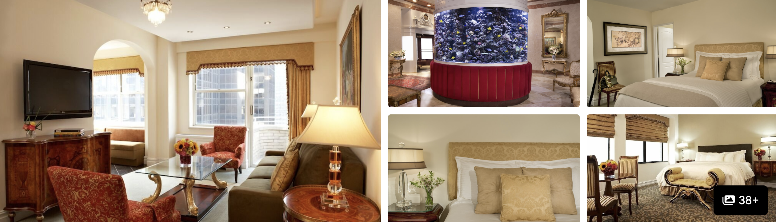 Photos of The Kimberly Hotel NYC: classic suite living room, rooftop hot tub and beds with upholstered headboards