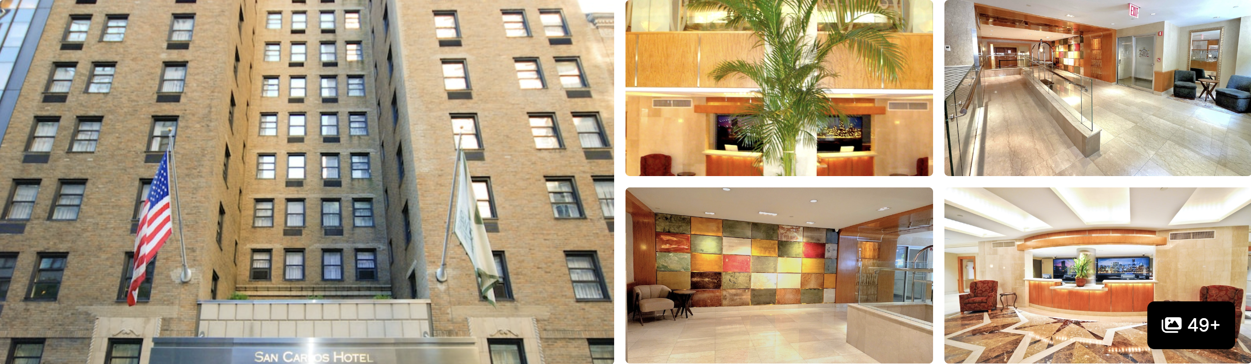 Photos of San Carlos Hotel NYC: tall brick facade with flags, lobby with palm and reception desk