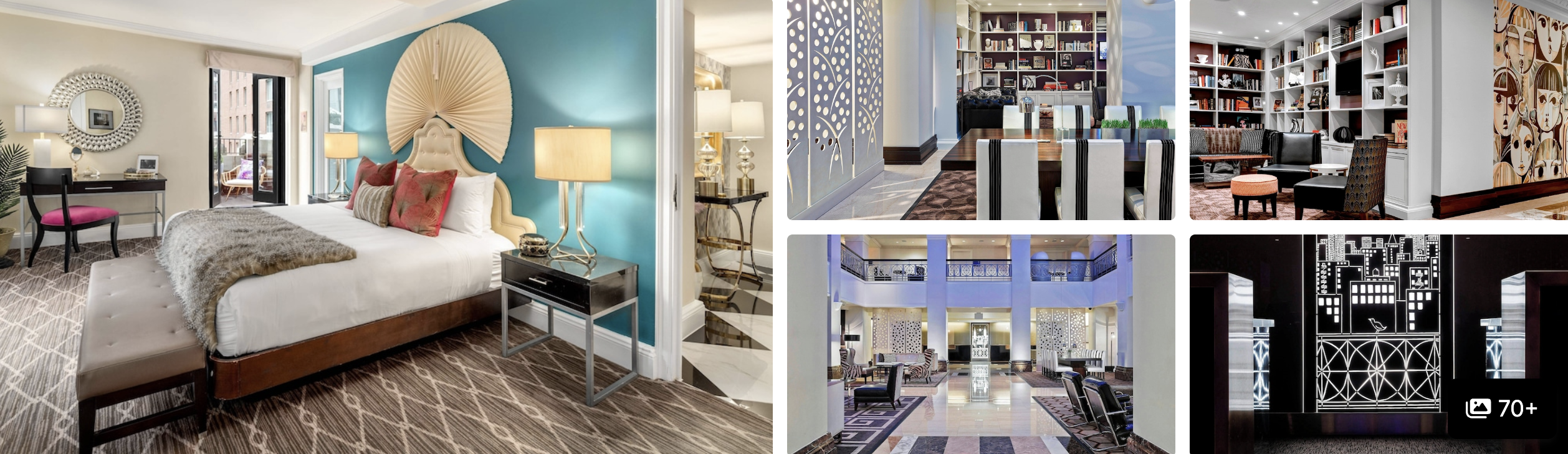 Photos of The Lexington Hotel, Autograph Collection in NYC: guest room with teal headboard, library lounge and atrium lobby