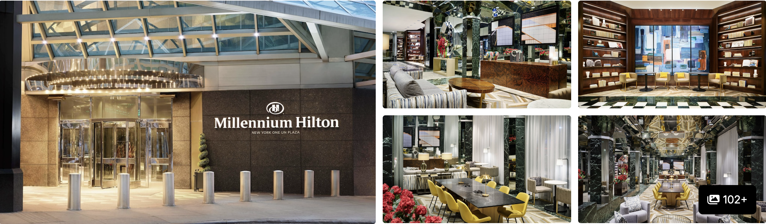 Photos of Millennium Hilton New York One UN Plaza: glass-canopy entrance, lobby bar, library lounge and dining areas