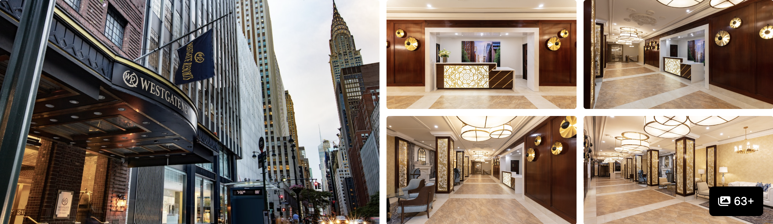Photos of Westgate New York Grand Central: marquee entrance with Chrysler Building view, lobby and corridors