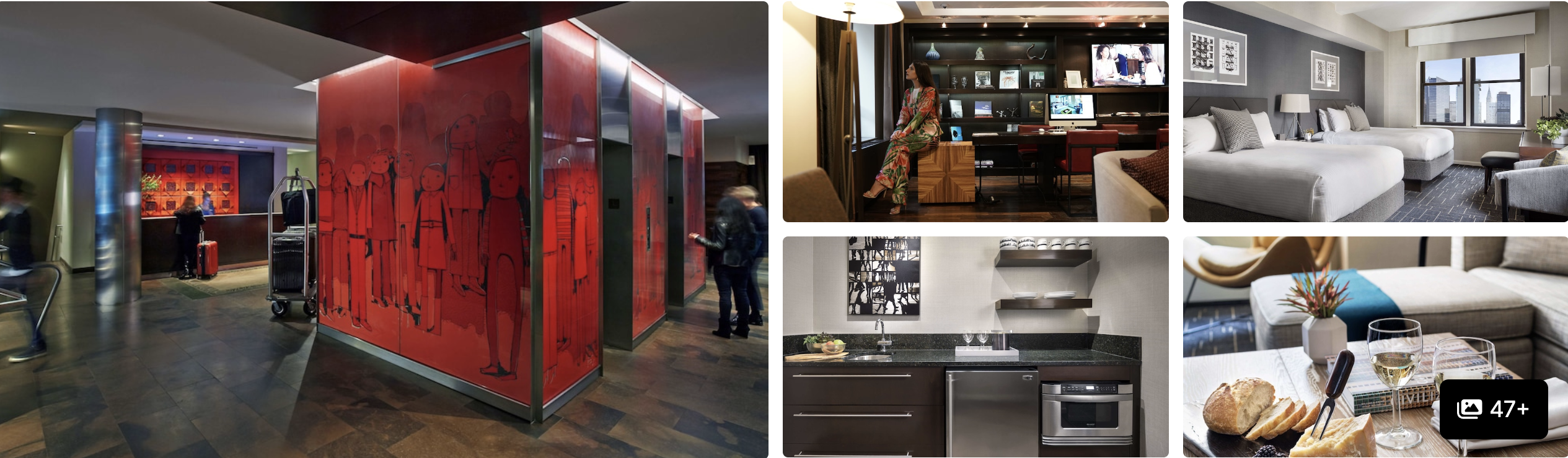 Photos of Shelburne Sonesta New York: red art-glass lobby divider, kitchenette, guest room and suite