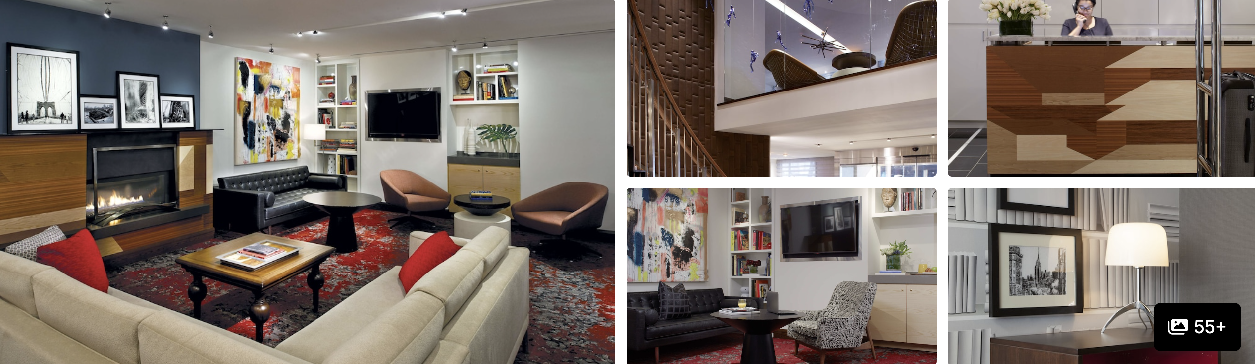 Photos of The Fifty Sonesta Hotel New York: living-room lounge with art, kitchenette suite and bedroom