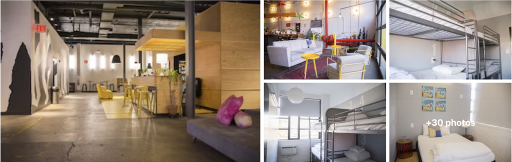 Photos of a Manhattan loft-style room: chandelier sitting area, glass doors and balcony view