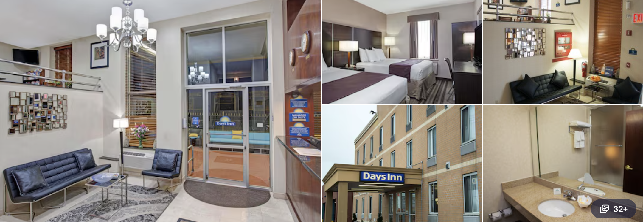 Photos of Umbrella Hotel Queens: brick building exterior, lobby reception and modern guest rooms