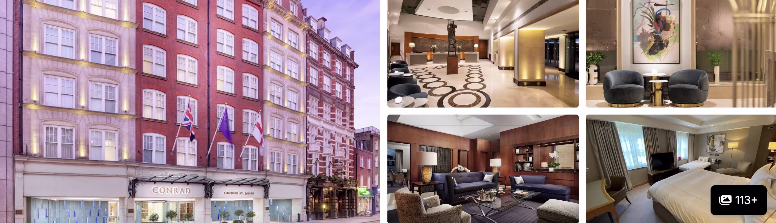 Photos of a luxury Mayfair hotel near the London Marathon finish: red-brick facade, marble lobby, art lounge and guest room