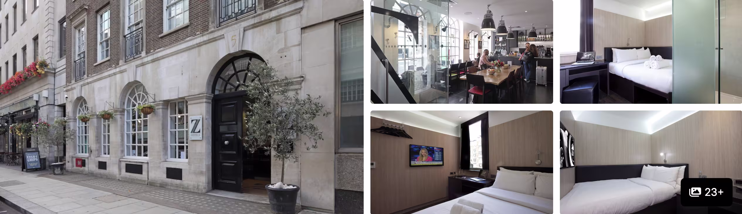 Photos of Great Scotland Yard Hotel near the London Marathon finish: stone facade, glass-walled cafe and wood-panelled rooms