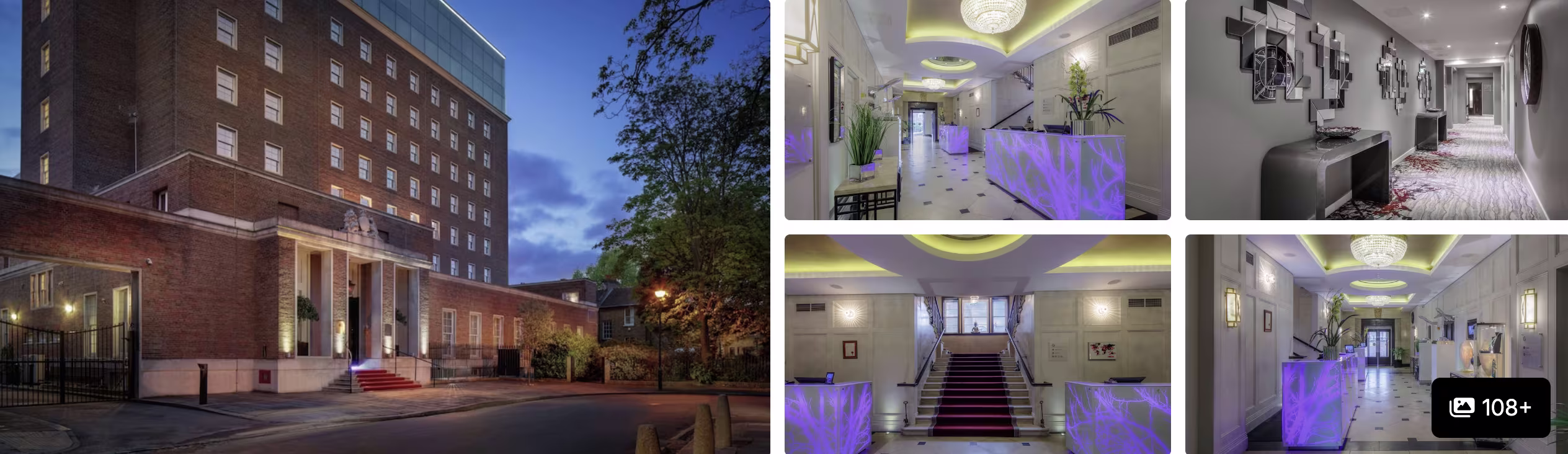 Photos of Novotel London Greenwich near the marathon start: brick exterior at dusk, bright lobby, staircase and modern guest rooms