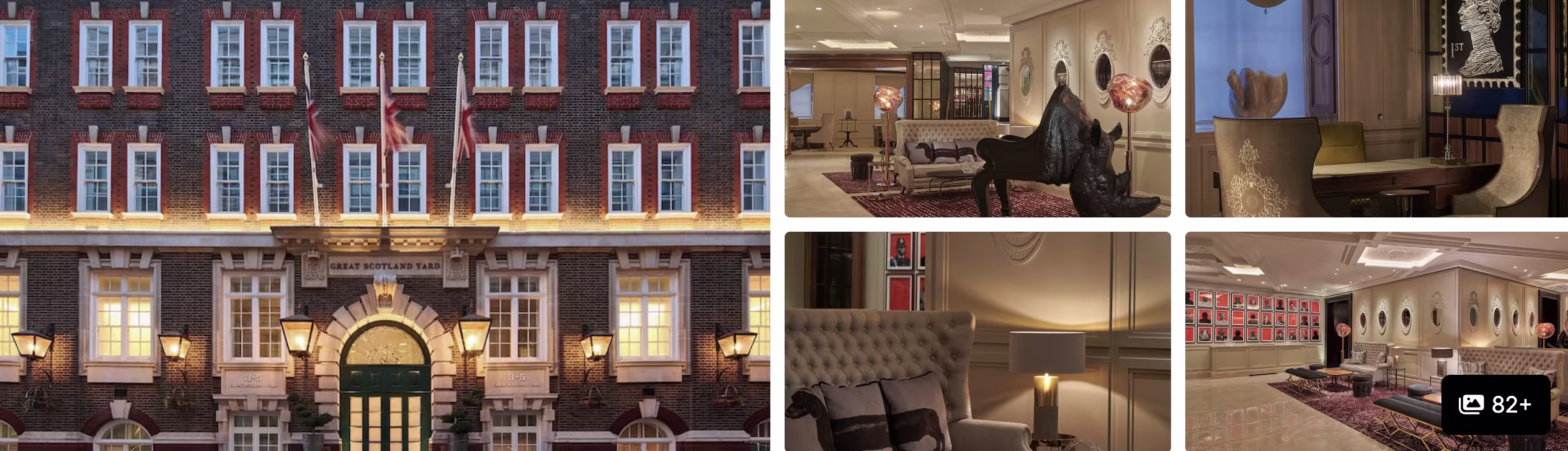Photos of Conrad London St. James near the marathon finish: brick facade with British flags, grand lobby and lounges
