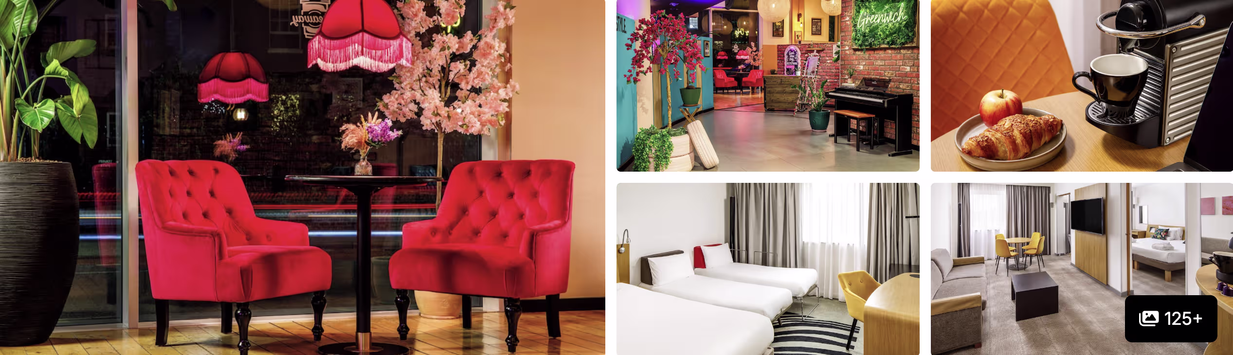 Photos of The Clarendon Hotel near the marathon start: red velvet armchairs by floral window, colourful bar and bright guest rooms