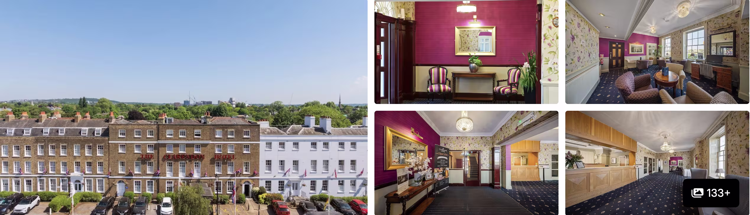 Photos of a Greenwich and Blackheath area hotel near the marathon start: Georgian terraces over treetops, red dining room and lounges