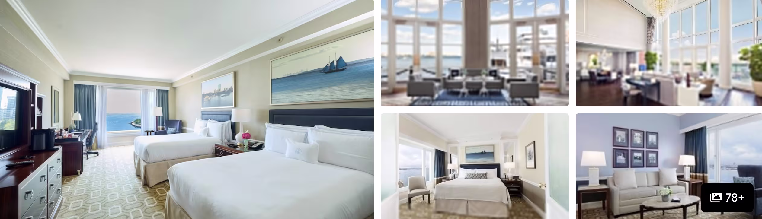 Photos of a Boston waterfront hotel for Sail Boston 2026: harbor-view bedroom with twin beds, sunlit lounges and suite