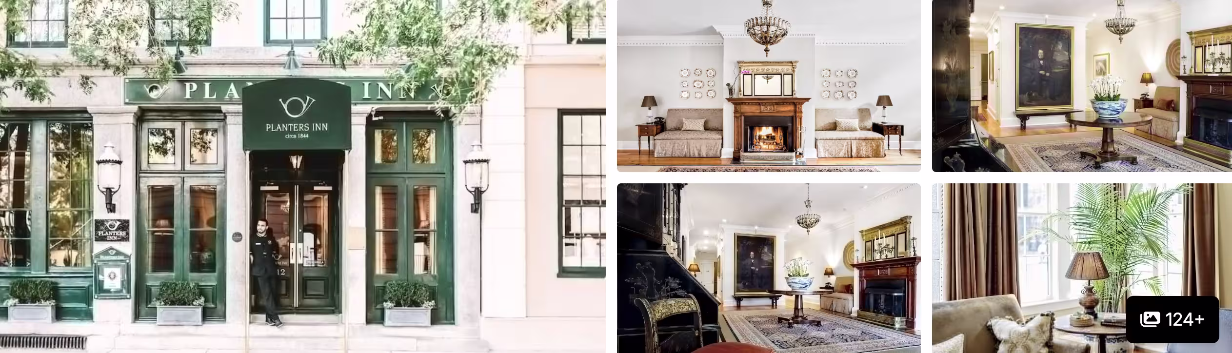 Photos of Planters Inn in Charleston: green storefront facade, fireplace sitting room and elegant lounge with globe