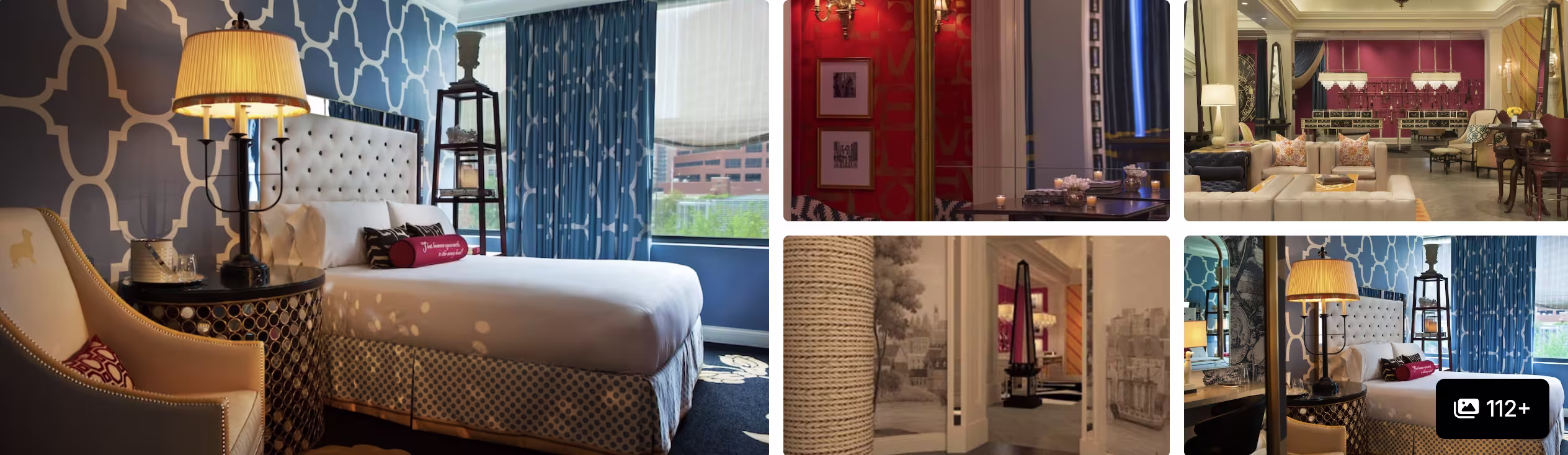 Photos of a Philadelphia hotel for America's 250th: blue-patterned guest room, red sitting room and ornate lobby suite