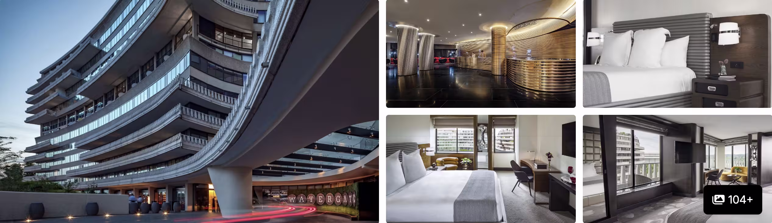 Photos of a Washington DC hotel for July 4th: curved modern facade, gold-toned lobby and contemporary guest rooms