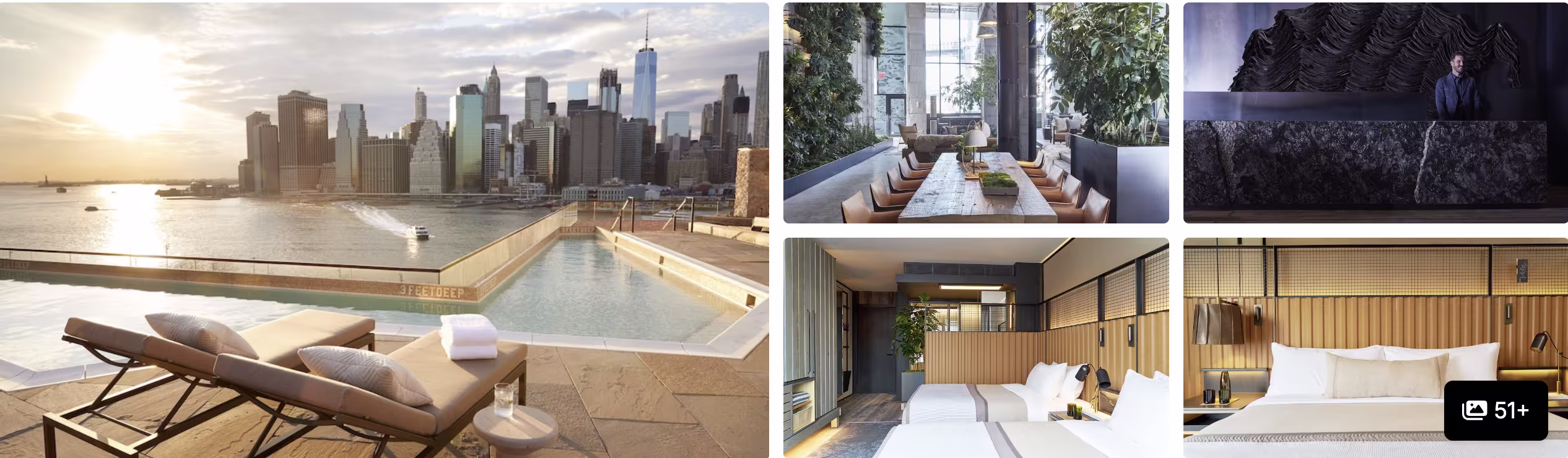 Photos of a New York City hotel near the harbor for Sail4th 250: rooftop pool over Manhattan skyline, dining and wood-panelled rooms
