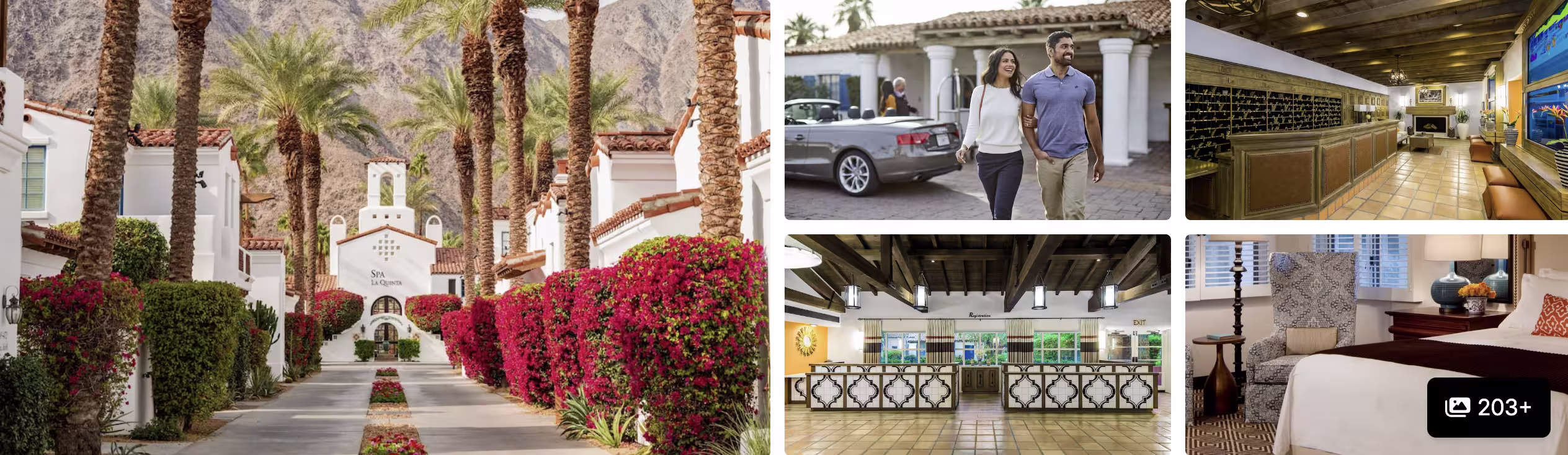 Photos of an Indio festival hotel: palm-lined entry, couple with car, lobby reception and guest room