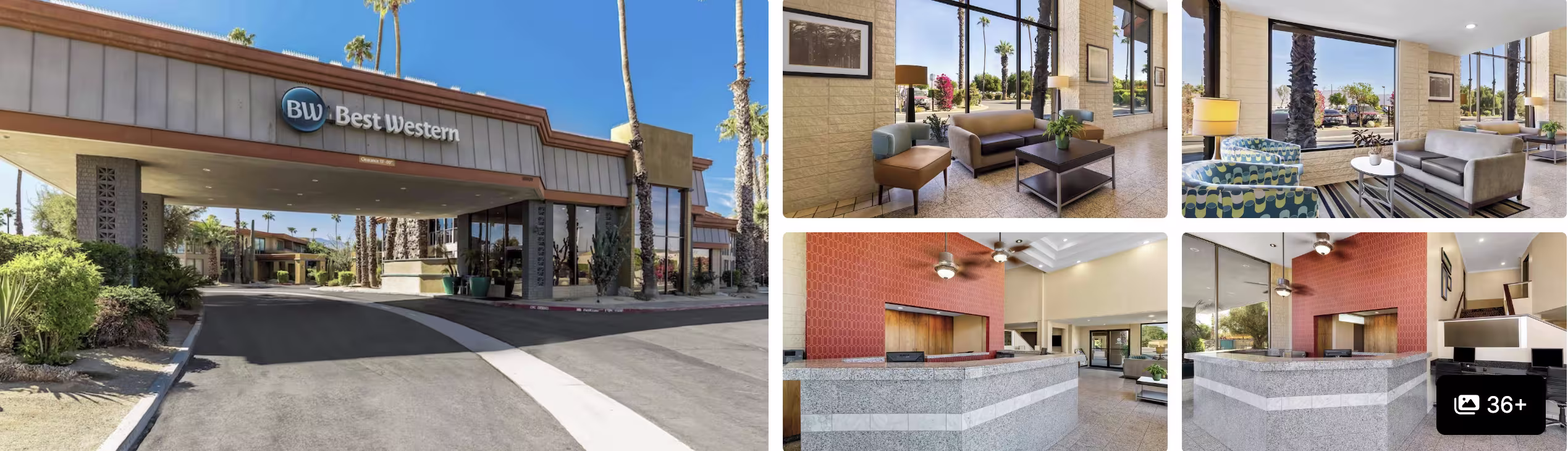 Photos of Renaissance Palm Springs hotel: blue-umbrella pool, lobby seating, lounge sofas and reception