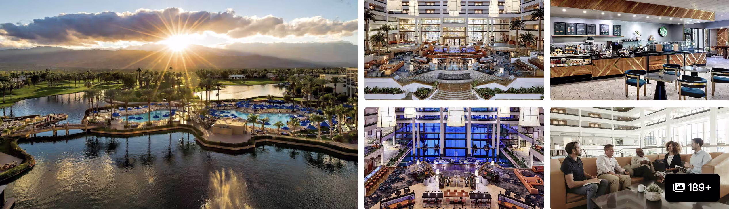 Photos of La Quinta Resort and Club, Indio: aerial of golf course and lake at sunset, lobby lounge and bar