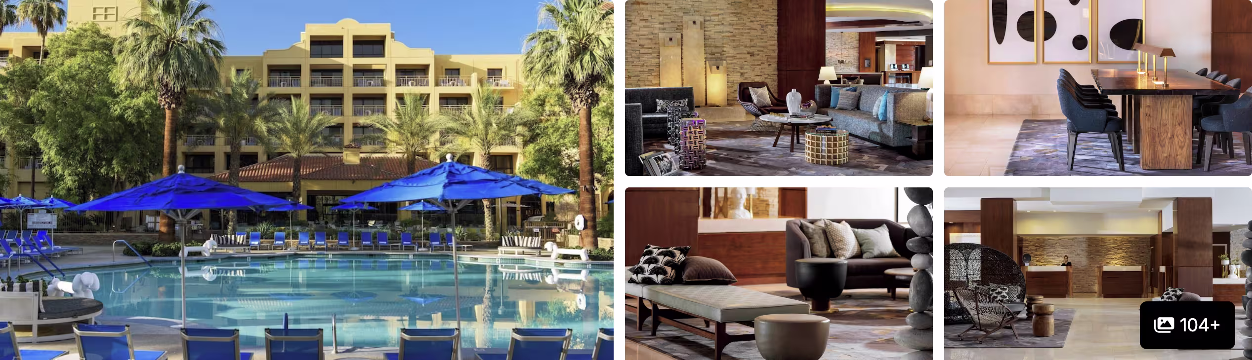 Photos of Embassy Suites La Quinta hotel: poolside umbrellas, lounge seating, dining area and reception desk