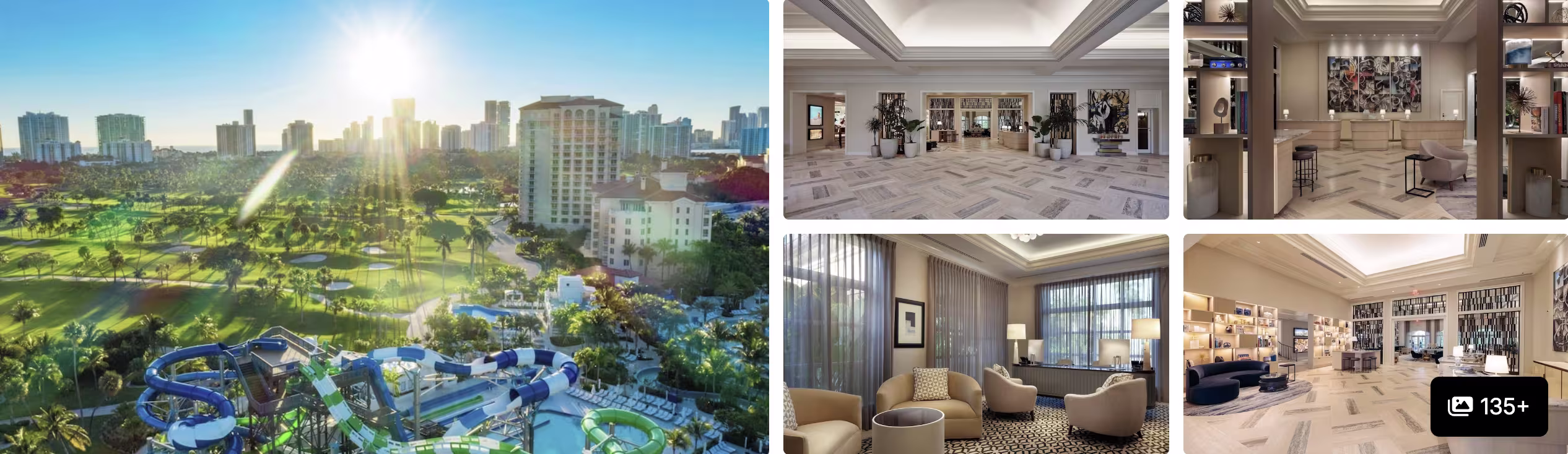 Photos of a Miami resort near Hard Rock Stadium: aerial of golf course and water park at sunset, lobby and rooms