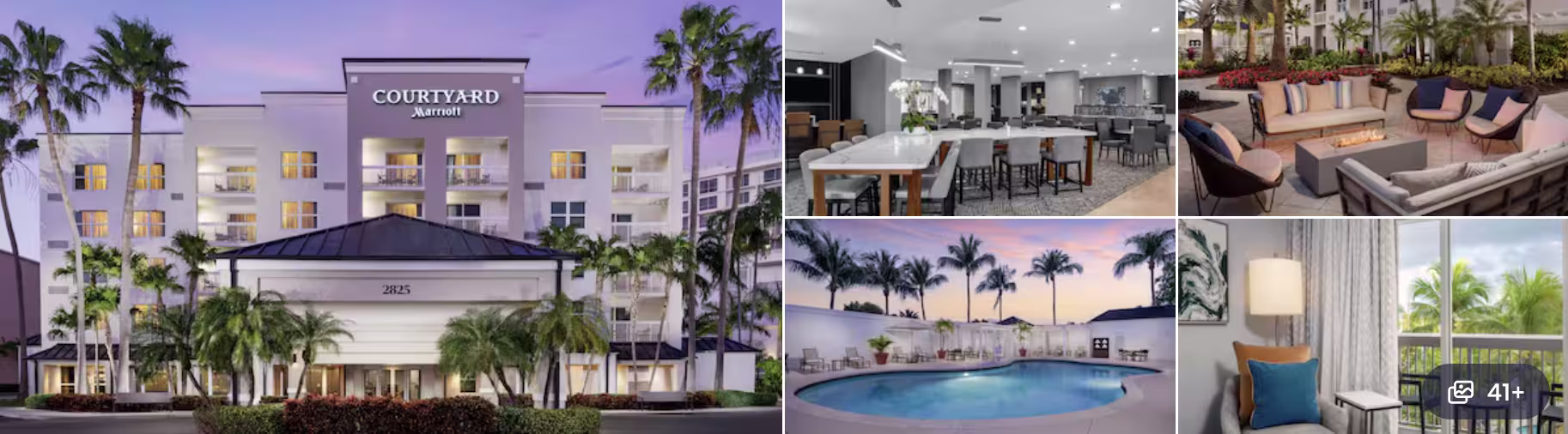 Photos of Gale Miami Hotel and Residences: palm-lined pool deck, modern living area, kitchen and guest room