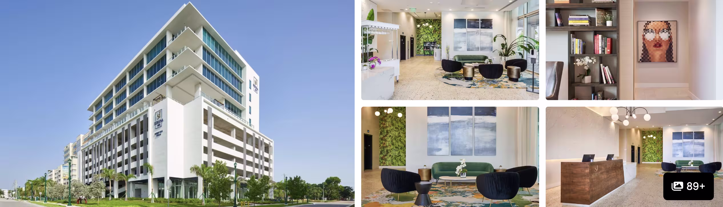 Photos of Courtyard by Marriott Miami Aventura Mall: palm-fronted exterior at dusk, lobby, pool and guest room