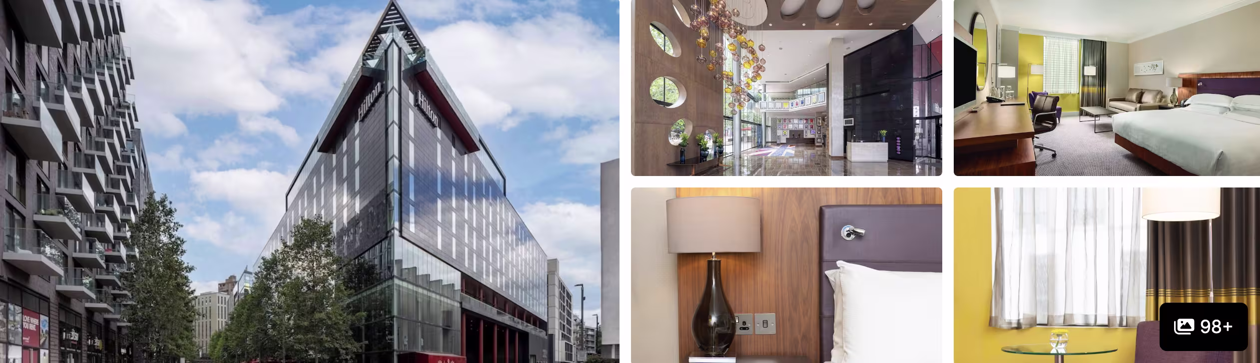 Photos of a hotel near Wembley Stadium: angular glass facade, modern lobby, guest rooms and bedside detail