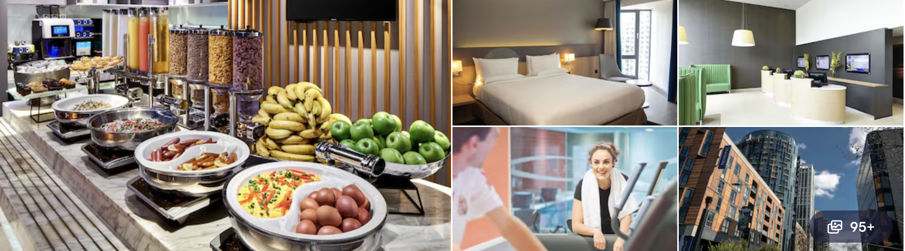 Photos of Hilton London Wembley: breakfast buffet, guest rooms, gym and high-rise exterior