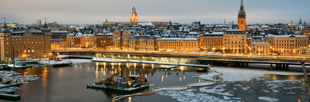 A winter view of Stockholm at dusk. The city