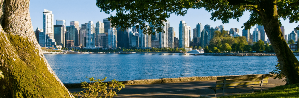 A view of the Vancouver skyline from across the water. Large trees and a park bench frame the foreground, with the city
