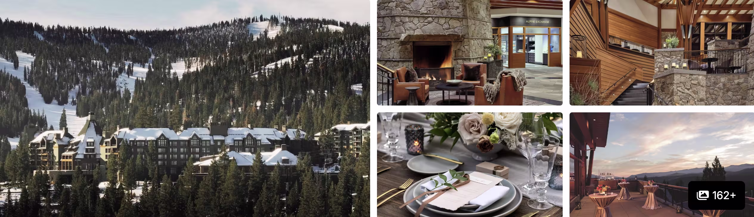 Photos of a Lake Tahoe alpine resort: snowy mountain lodge buildings, fireside lounge, dining setting and sunset deck