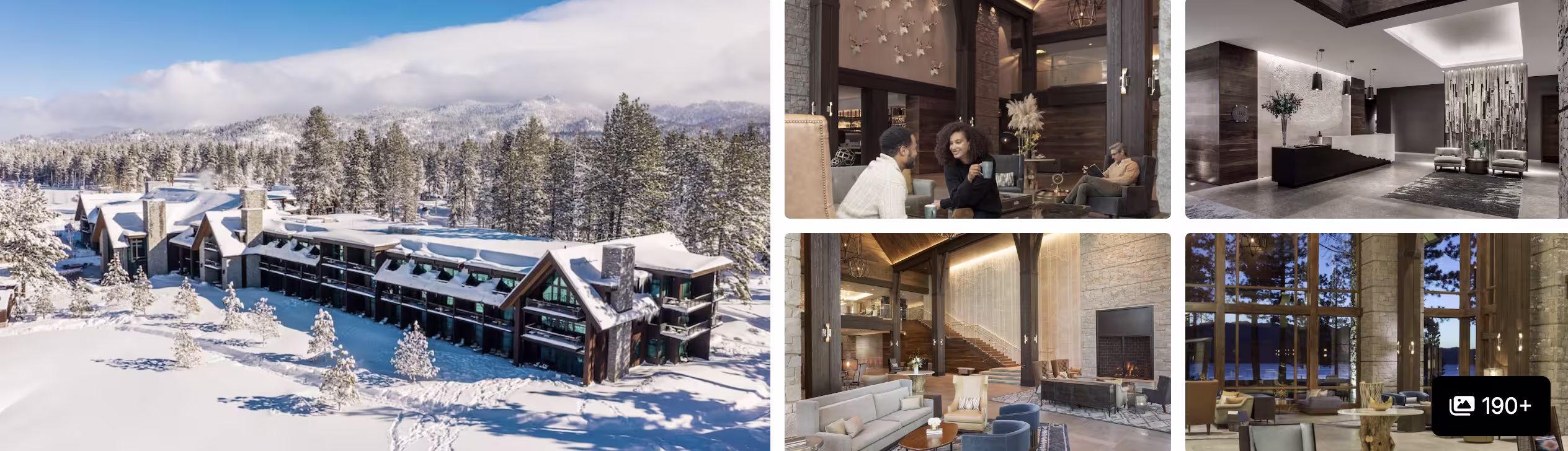 Photos of The Ritz-Carlton Lake Tahoe in snow: timber lodge exterior, reception, fireplace lounge and mountain-view interiors