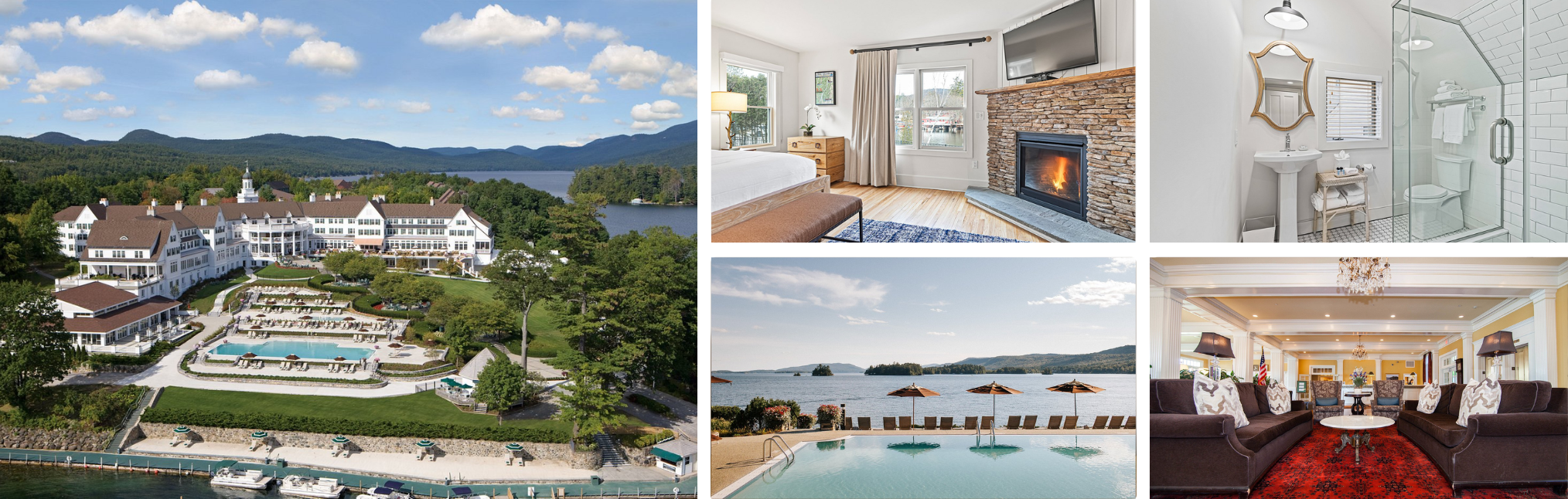Photos of a Lake George resort, New York: white lakefront hotel with pools, fireplace room, marble bathroom and waterfront lounge