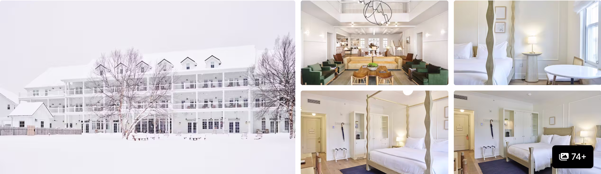 Photos of a Finger Lakes hotel, New York: snow-covered white clapboard inn with green lounge and canopy-bed guest rooms