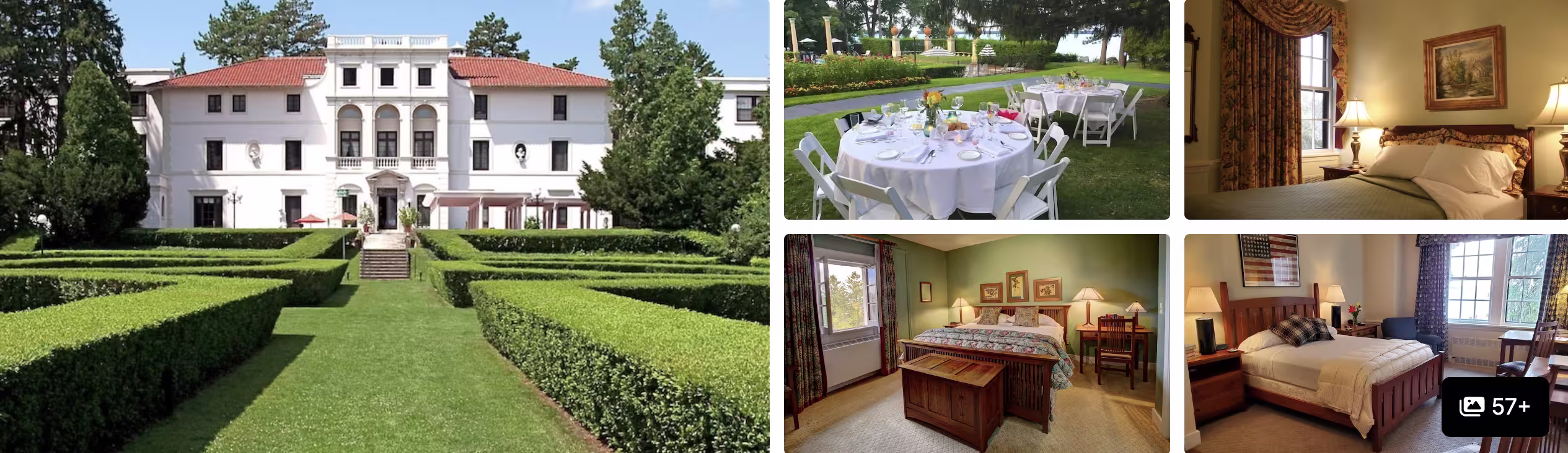 Photos of The Lake House on Canandaigua: white mansion with formal hedge garden, lawn dining and classic guest rooms
