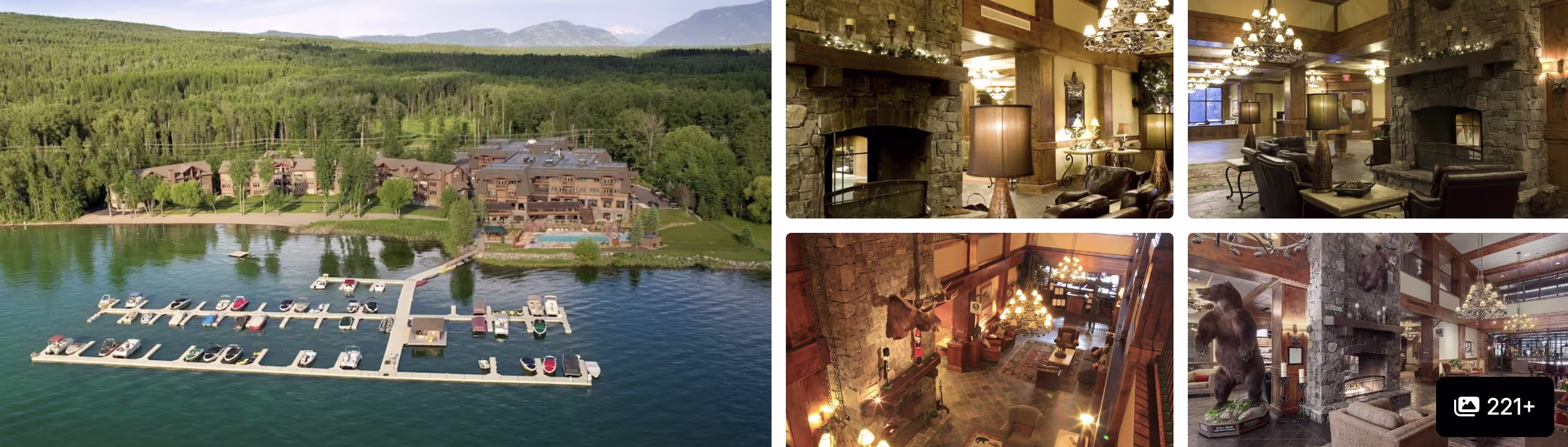 Photos of a Flathead Lake and Whitefish resort, Montana: lakeside marina lodge, rustic stone-fireplace lounges and timber interiors