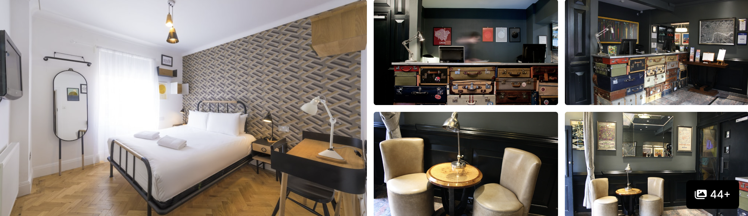 Photos of The Megaro near King's Cross, London: patterned guest room with iron bed, dark reception desk and seating lounge