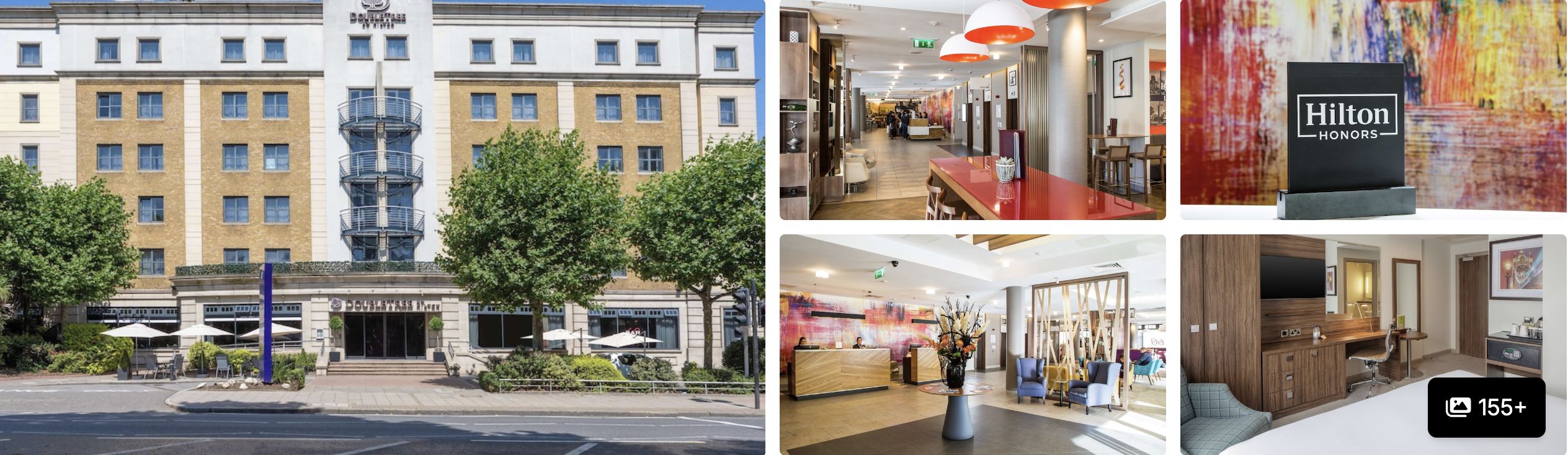 Photos of DoubleTree by Hilton London Angel Kings Cross: stone exterior, lobby corridor, Hilton Honors desk and room